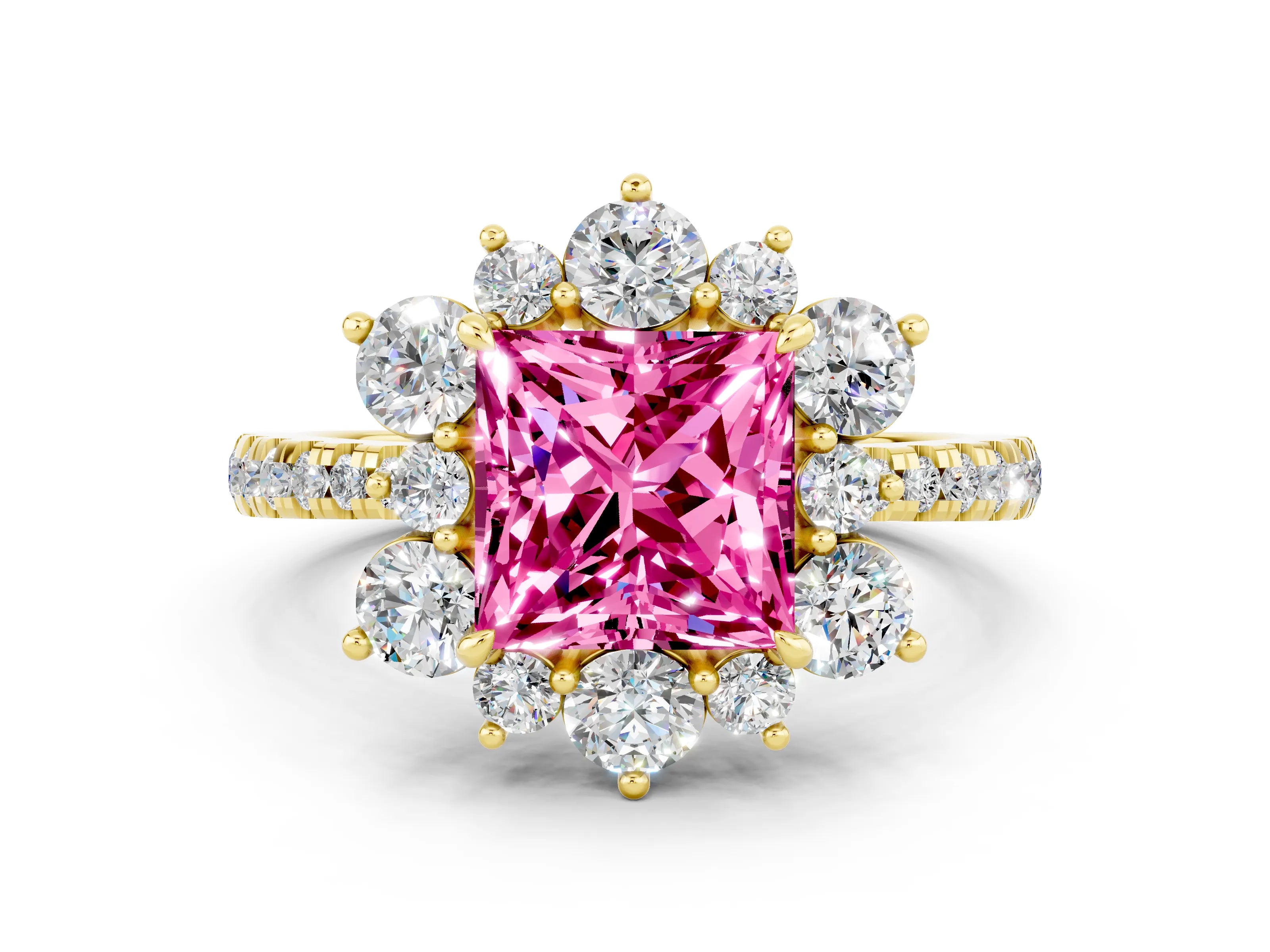 Yellow gold Princess Cut Cut Diamond Floral Halo Pave Band with Prong Setting