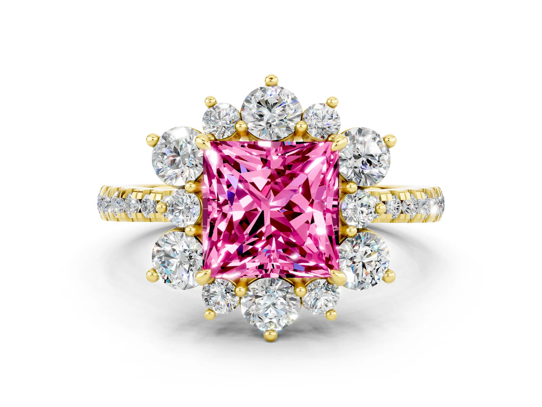 Yellow gold Princess Cut Cut Diamond Floral Halo Pave Band with Prong Setting