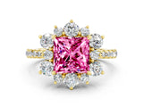 Yellow gold Princess Cut Cut Diamond Floral Halo Pave Band with Prong Setting
