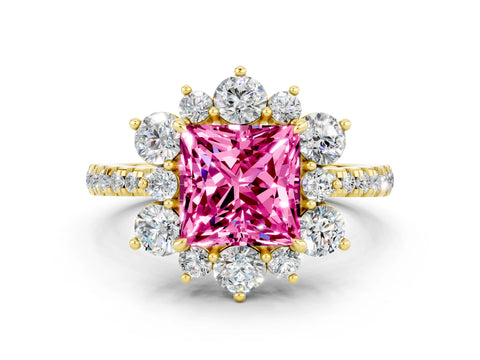 Yellow gold Princess Cut Cut Diamond Floral Halo Pave Band with Prong Setting