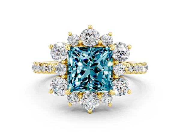 Yellow gold Princess Cut Cut Diamond Floral Halo Pave Band with Prong Setting