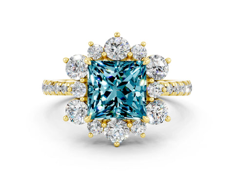Yellow gold Princess Cut Cut Diamond Floral Halo Pave Band with Prong Setting
