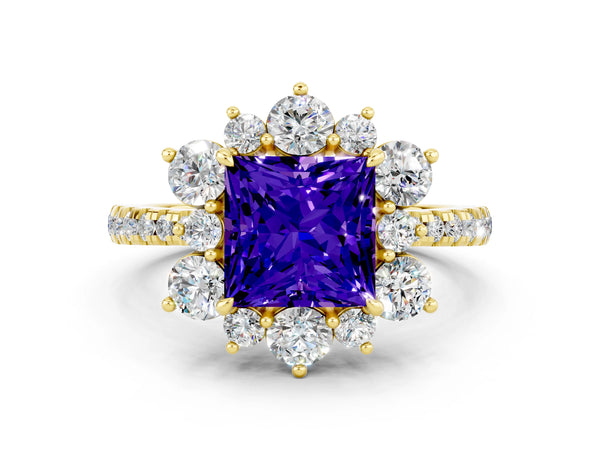 Yellow gold Princess Cut Tanzanite Floral Halo Ring with Round Pavé Band and Prong Setting