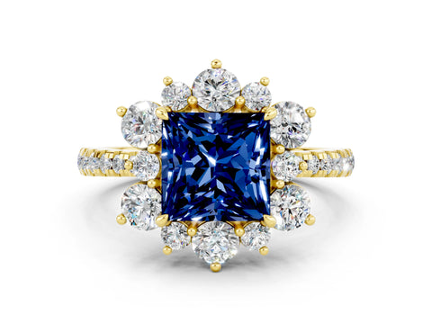Yellow gold Princess Cut Cut Diamond Floral Halo Pave Band with Prong Setting