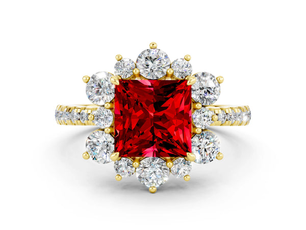 Yellow gold Princess Cut Ruby Floral Halo Ring with Round Pavé Band and Prong Setting