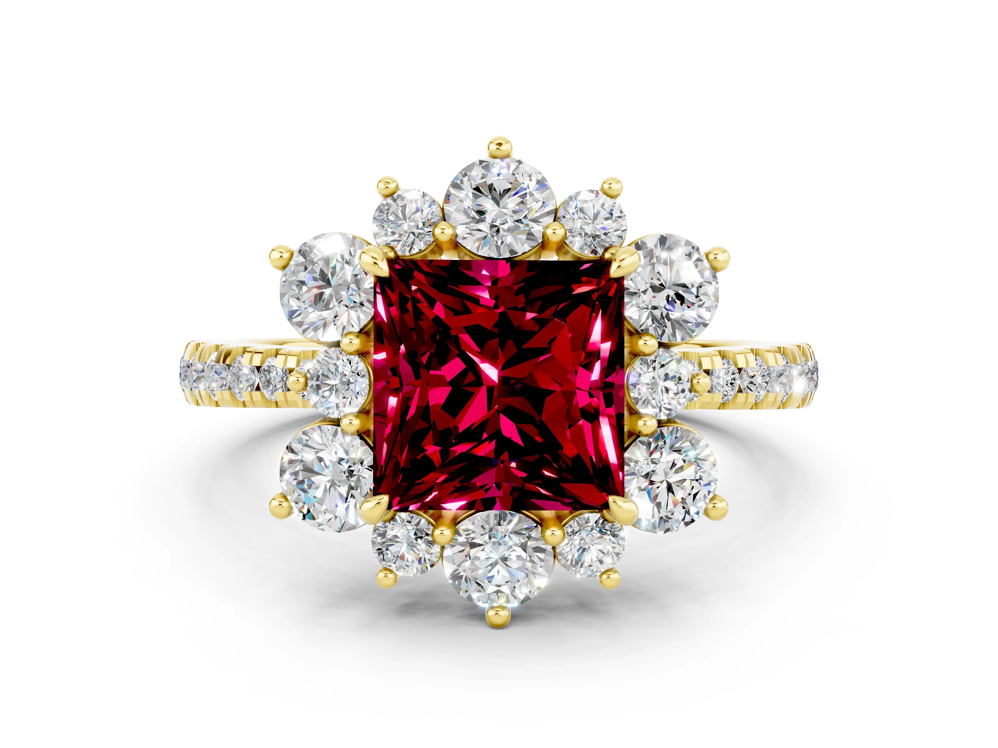 Yellow gold Princess Cut Cut Diamond Floral Halo Pave Band with Prong Setting