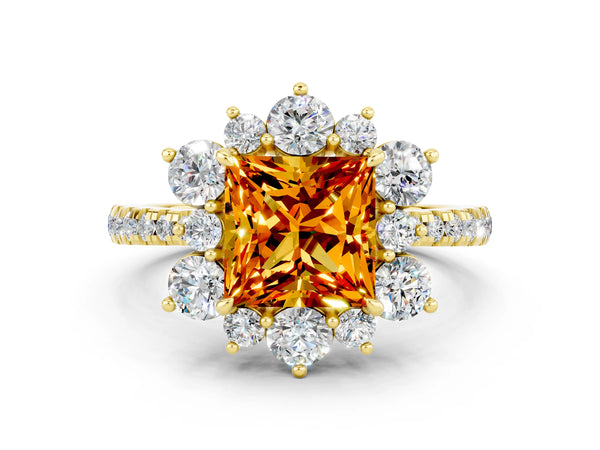 Yellow gold Princess Cut Citrine Floral Halo Ring with Round Pavé Band and Prong Setting