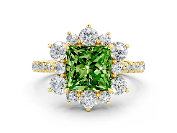 Yellow gold Princess Cut Cut Diamond Floral Halo Pave Band with Prong Setting