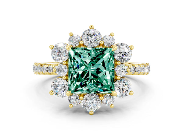 Yellow gold Princess Cut Green Sapphire Floral Halo Ring with Round Pavé Band and Prong Setting