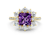 Yellow gold Princess Cut Cut Diamond Floral Halo Pave Band with Prong Setting