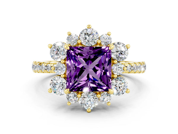 Yellow gold Princess Cut Amethyst Floral Halo Ring with Round Pavé Band and Prong Setting