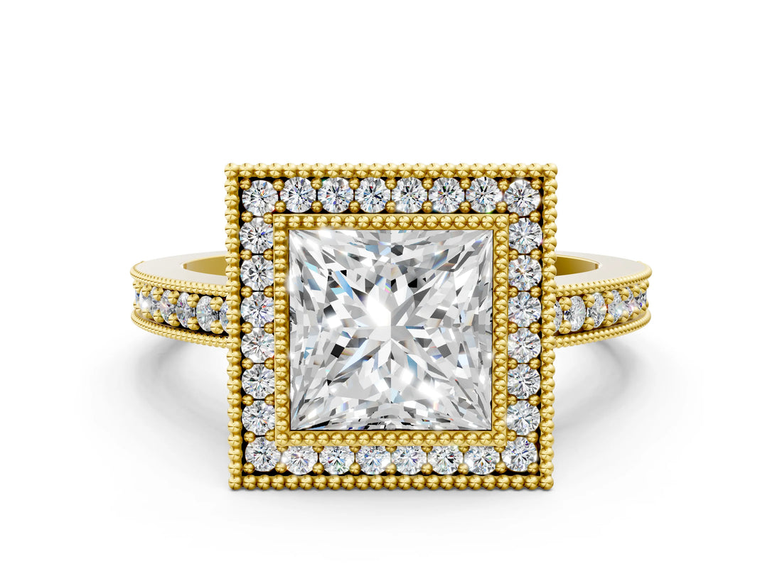 Yellow gold Princess Cut-Cut Diamond Halo Engagement Ring with Pave Band and Prong Setting_9