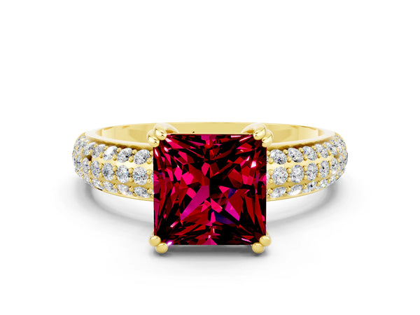 Yellow gold Princess Cut Garnet Vintage Milgrain Ring with Round  Stations