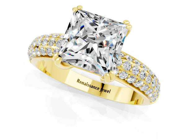 Yellow gold Princess Cut Moissanite Vintage Milgrain Ring with Round  Stations