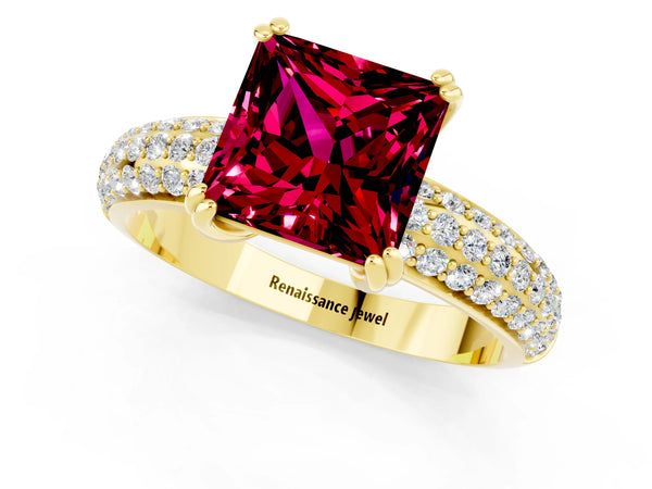 Yellow gold Princess Cut Garnet Vintage Milgrain Ring with Round  Stations