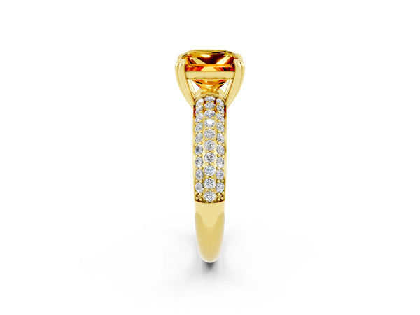 Yellow gold Princess Cut Citrine Vintage Milgrain Ring with Round  Stations