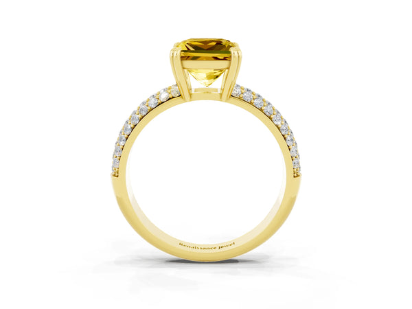 Yellow gold Princess Cut Yellow Sapphire Vintage Milgrain Ring with Round  Stations
