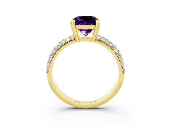 Yellow gold Princess Cut Amethyst Vintage Milgrain Ring with Round  Stations
