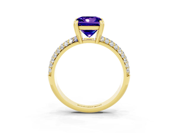 Yellow gold Princess Cut Tanzanite Vintage Milgrain Ring with Round  Stations
