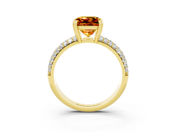 Yellow gold Princess Cut Citrine Vintage Milgrain Ring with Round  Stations