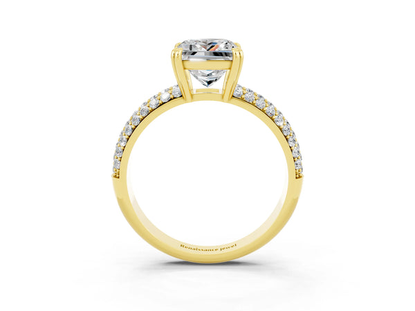 Yellow gold Princess Cut Moissanite Vintage Milgrain Ring with Round  Stations