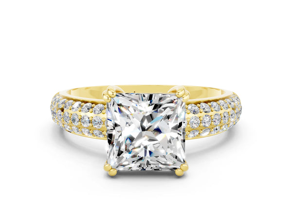 Yellow gold Princess Cut Moissanite Vintage Milgrain Ring with Round  Stations