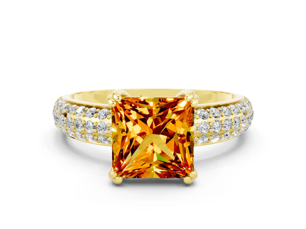Yellow gold Princess Cut Citrine Vintage Milgrain Ring with Round  Stations