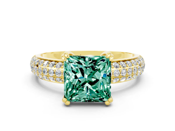 Yellow gold Princess Cut Green Sapphire Vintage Milgrain Ring with Round  Stations