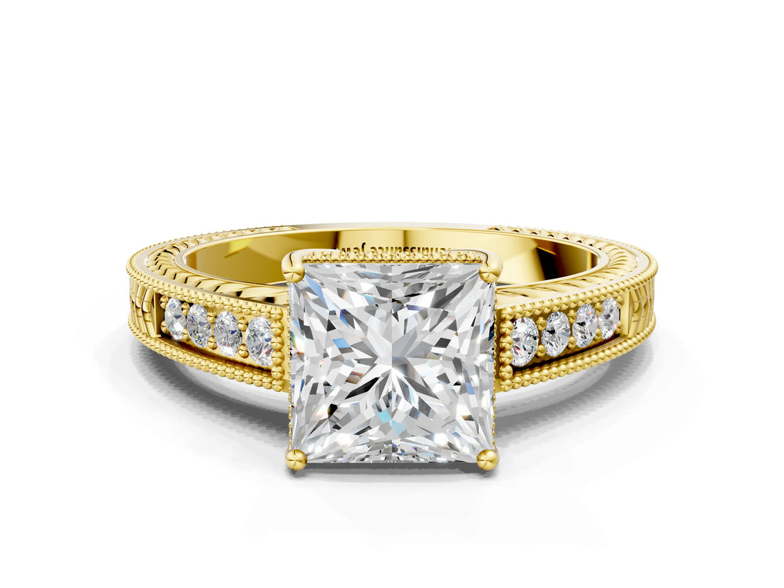 Yellow gold Princess Cut Cut Diamond Milgrain Pave Band Four-Prong Setting Ring_3