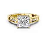 Yellow gold Princess Cut Cut Diamond Milgrain Pave Band Four-Prong Setting Ring_3