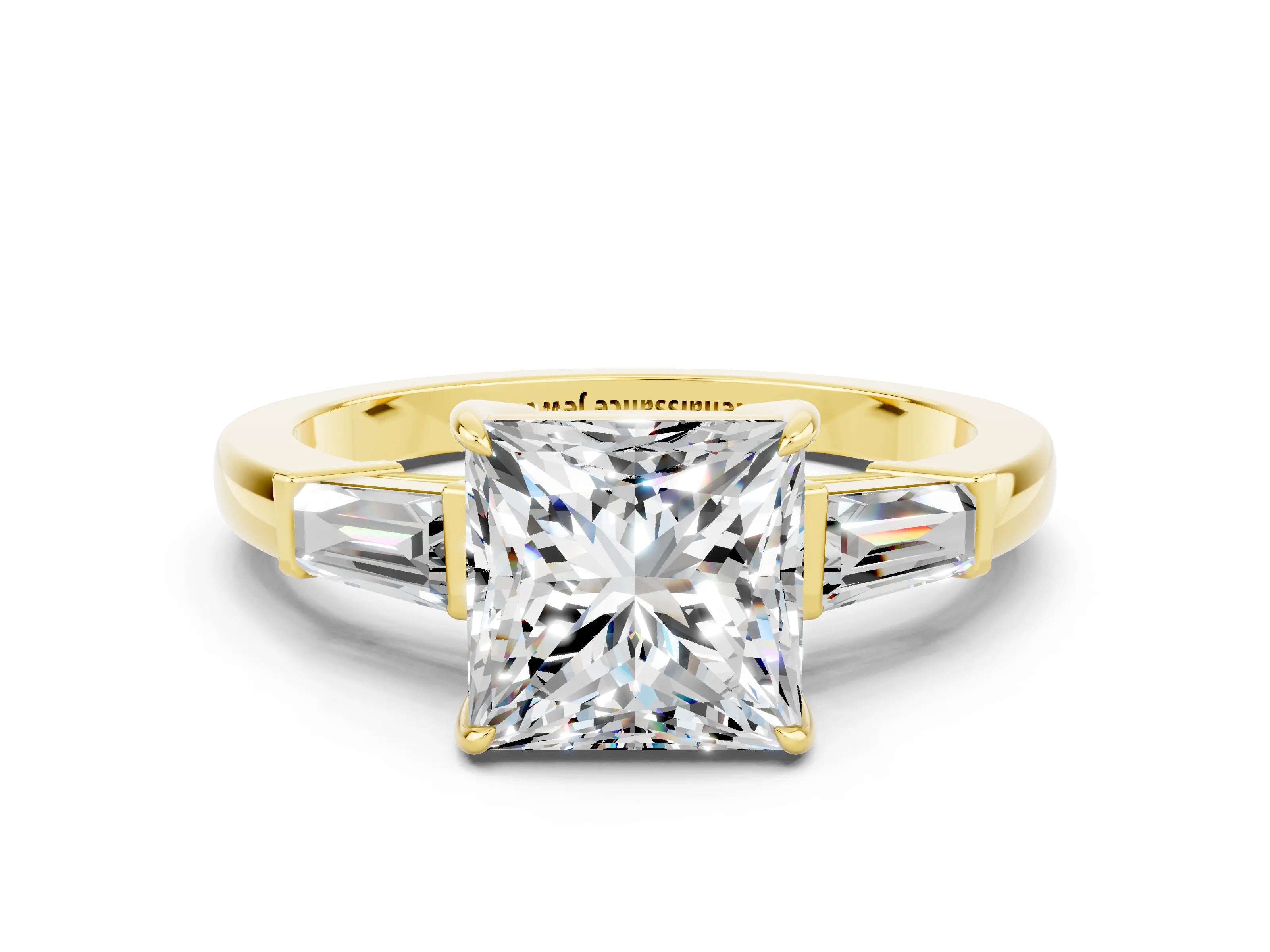 Yellow gold Princess Cut Cut Diamond Ring with Tapered Baguette Side Stones in Four-Prong Setting