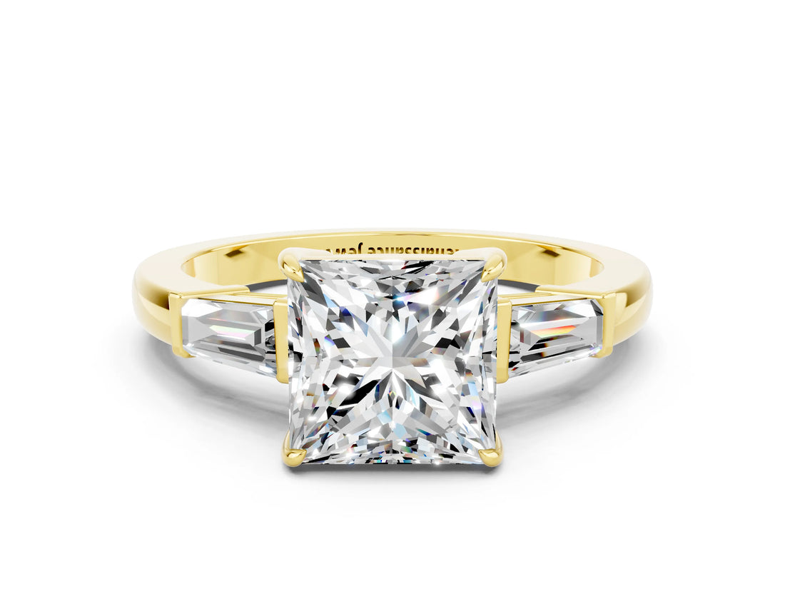 Yellow gold Princess Cut Cut Diamond Ring with Tapered Baguette Side Stones in Four-Prong Setting