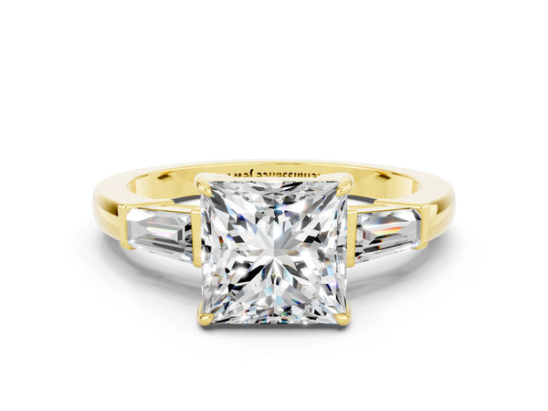 Yellow gold Princess Cut Moissanite Three-Stone Ring with Tapered Baguette Side Stones and Prong Setting