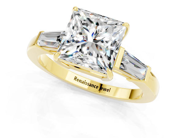 Yellow gold Princess Cut Moissanite Three-Stone Ring with Tapered Baguette Side Stones and Prong Setting