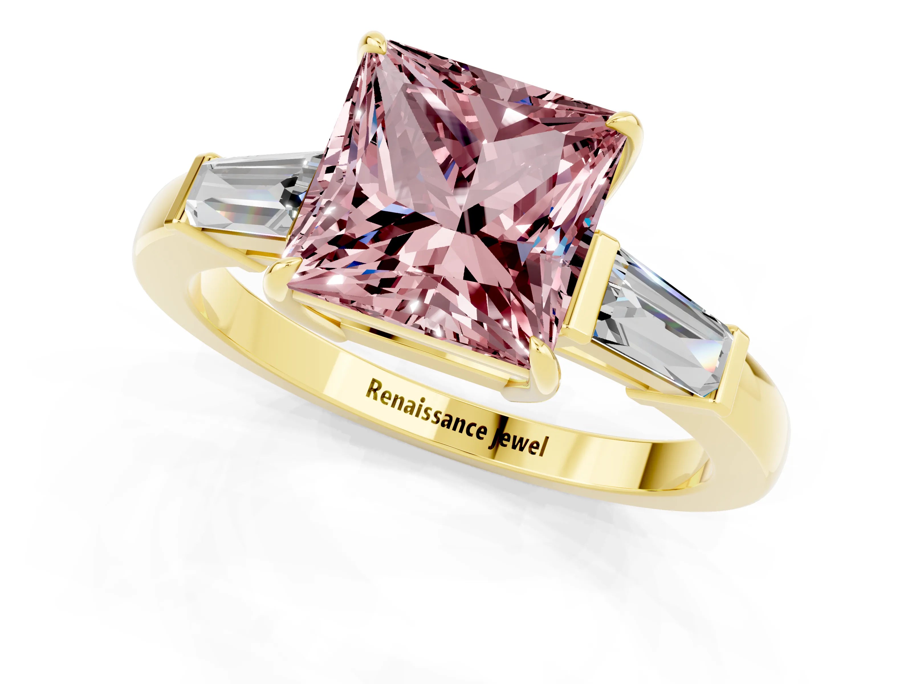 Yellow gold Princess Cut Cut Diamond Ring with Tapered Baguette Side Stones in Four-Prong Setting_1
