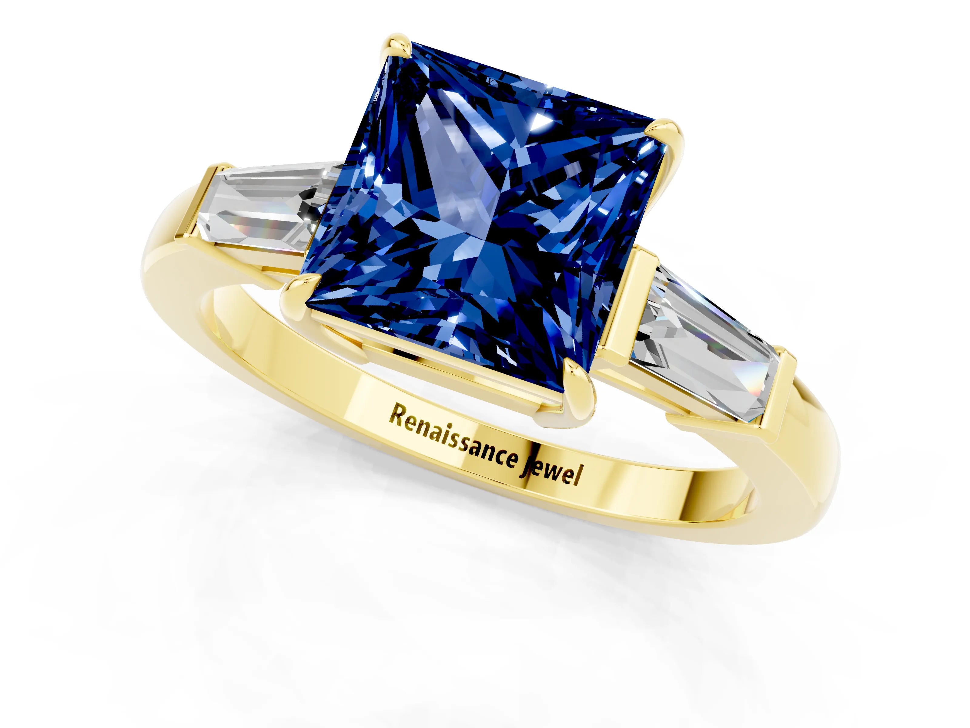 Yellow gold Princess Cut Cut Diamond Ring with Tapered Baguette Side Stones in Four-Prong Setting_1
