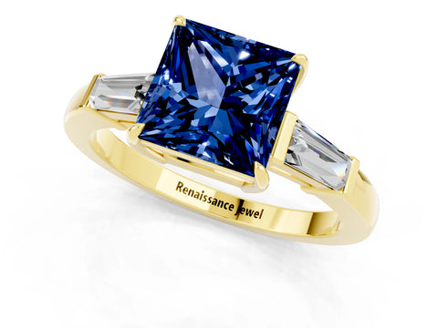 Yellow gold Princess Cut Cut Diamond Ring with Tapered Baguette Side Stones in Four-Prong Setting_1
