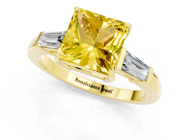 Yellow gold Princess Cut Yellow Sapphire Three-Stone Ring with Tapered Baguette Side Stones and Prong Setting