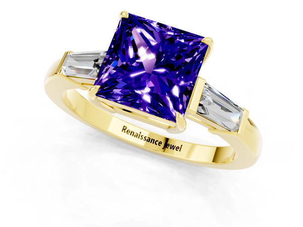 Yellow gold Princess Cut Tanzanite Three-Stone Ring with Tapered Baguette Side Stones and Prong Setting