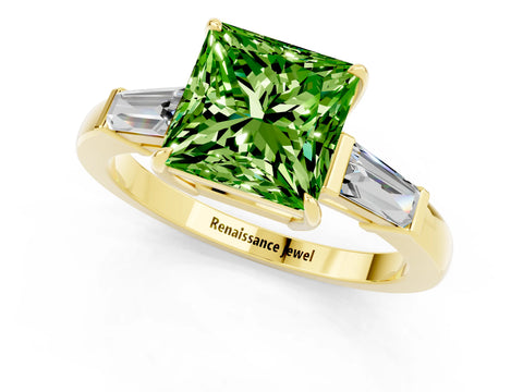 Yellow gold Princess Cut Cut Diamond Ring with Tapered Baguette Side Stones in Four-Prong Setting_1