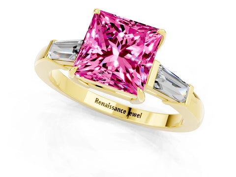 Yellow gold Princess Cut Cut Diamond Ring with Tapered Baguette Side Stones in Four-Prong Setting_1