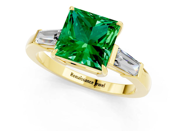 Yellow gold Princess Cut Emerald Three-Stone Ring with Tapered Baguette Side Stones and Prong Setting