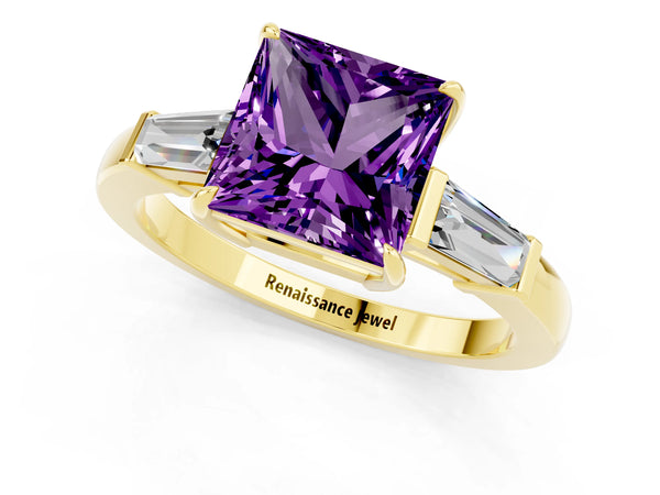 Yellow gold Princess Cut Amethyst Three-Stone Ring with Tapered Baguette Side Stones and Prong Setting