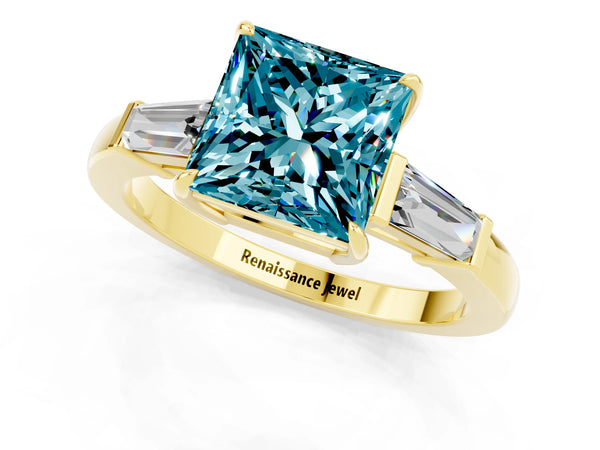 Yellow gold Princess Cut Cut Diamond Ring with Tapered Baguette Side Stones in Four-Prong Setting