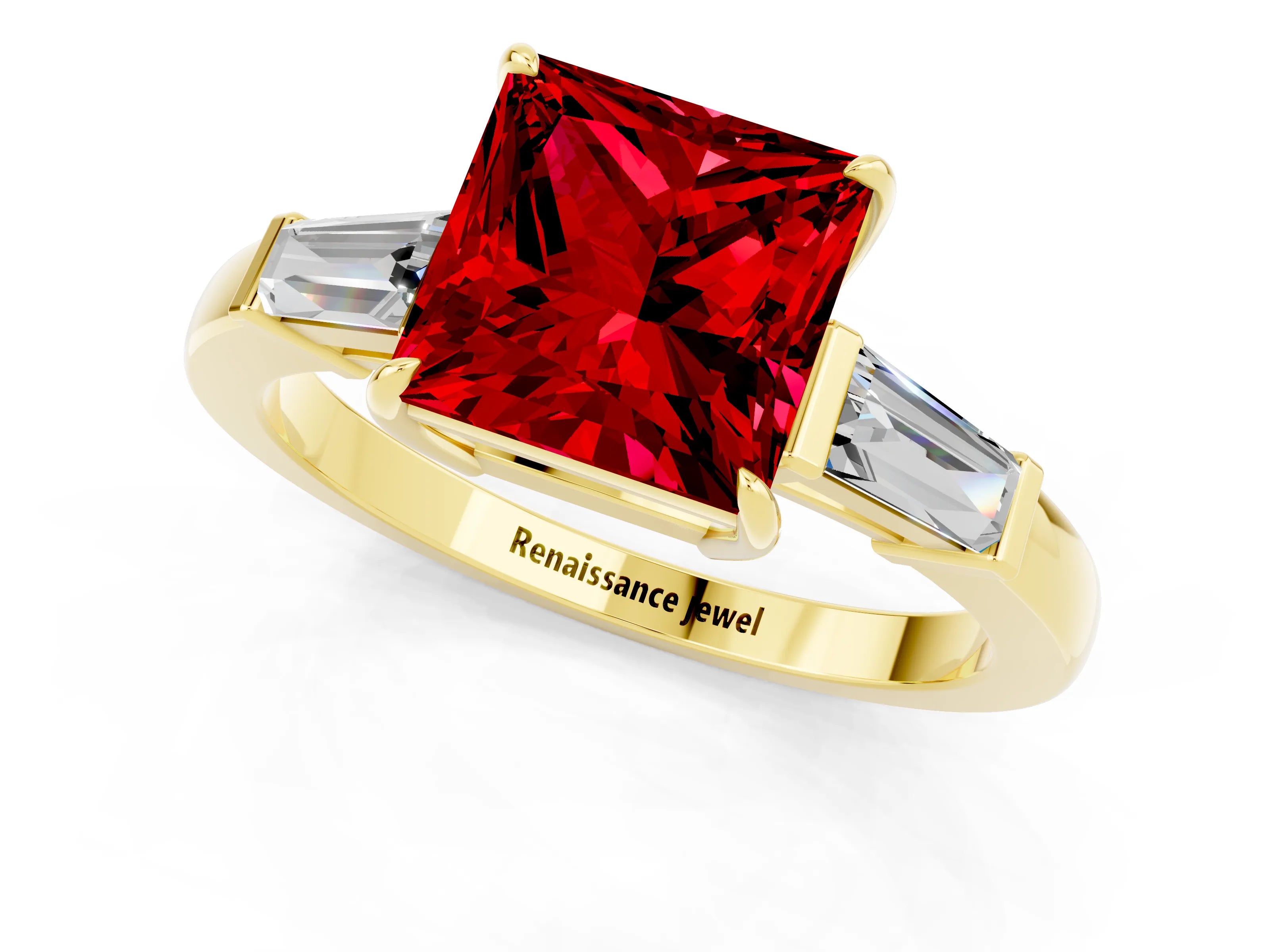 Yellow gold Princess Cut Cut Diamond Ring with Tapered Baguette Side Stones in Four-Prong Setting_1