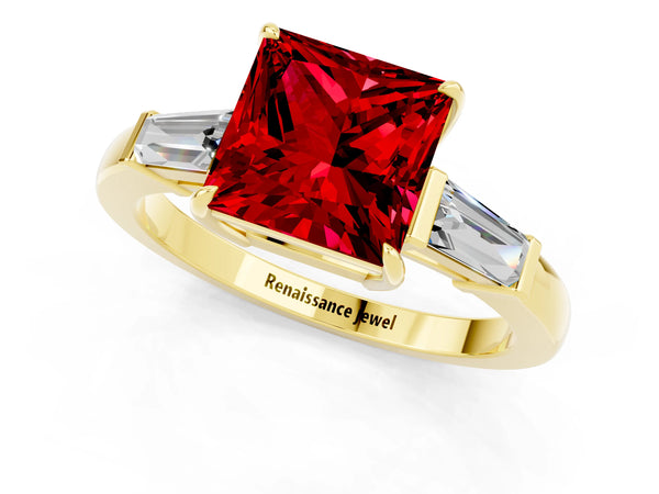 Yellow gold Princess Cut Cut Diamond Ring with Tapered Baguette Side Stones in Four-Prong Setting