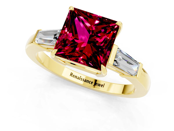 Yellow gold Princess Cut Garnet Three-Stone Ring with Tapered Baguette Side Stones and Prong Setting