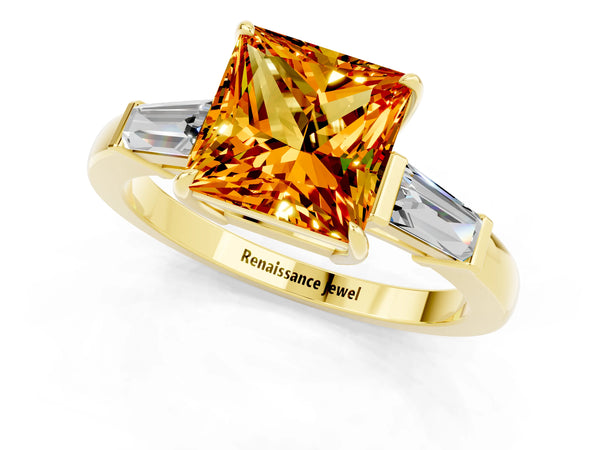 Yellow gold Princess Cut Citrine Three-Stone Ring with Tapered Baguette Side Stones and Prong Setting