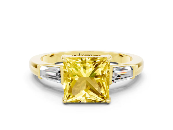 Yellow gold Princess Cut Yellow Sapphire Three-Stone Ring with Tapered Baguette Side Stones and Prong Setting