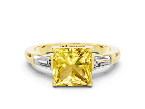 Yellow gold Princess Cut Cut Diamond Ring with Tapered Baguette Side Stones in Four-Prong Setting